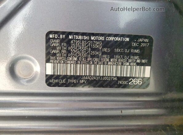 JA4AD2A31JJ002794 2018 MITSUBISHI OUTLANDER Gray 