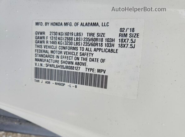 5FNRL6H55JB088127 2018 HONDA ODYSSEY White 