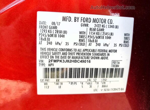 2FMPK3J82HBC49016 2017 FORD EDGE Red Панорамний вид салону 360°