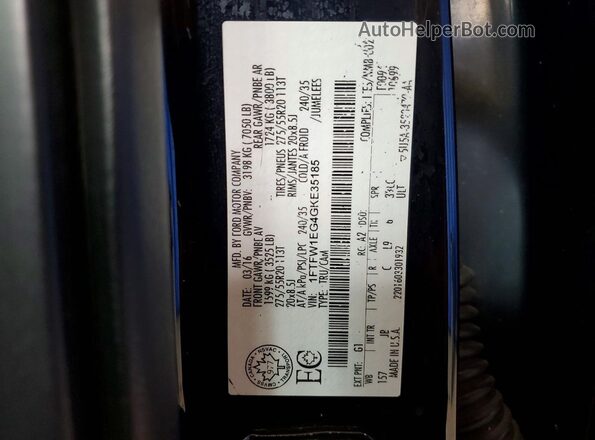 1FTFW1EG4GKE35185 2016 FORD F150 Black Vista de la etiqueta del VIN