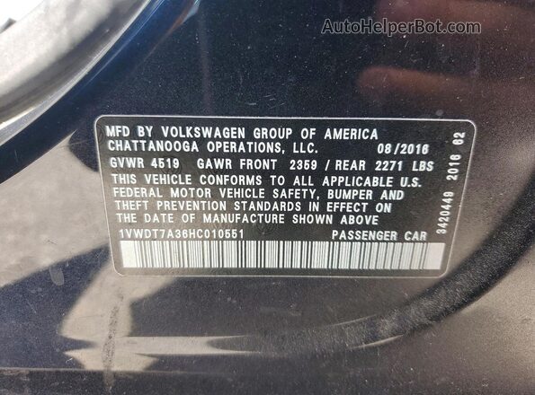 1VWDT7A36HC010551 2017 VOLKSWAGEN PASSAT Черный Вид наклейки с VIN-кодом