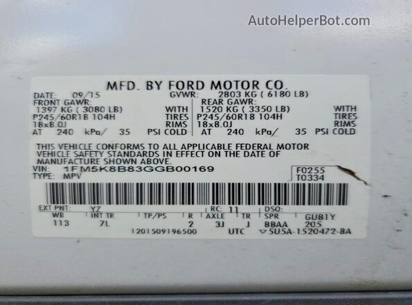 1FM5K8B83GGB00169 2016 FORD EXPLORER White 