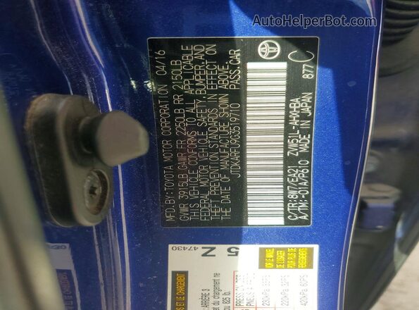 JTDKARFU9G3519710 2016 TOYOTA PRIUS Blue Vista de la etiqueta del VIN