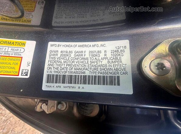 1HGCV3F1XKA002546 2019 HONDA ACCORD Gray Widok wnętrza z tyłu