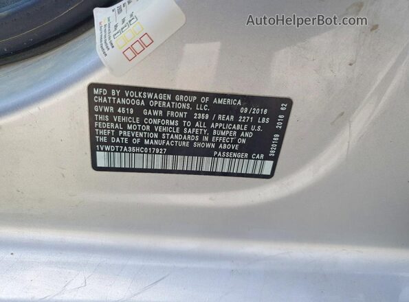1VWDT7A35HC017927 2017 VOLKSWAGEN PASSAT Silver VIN կոդի պիտակի տեսք
