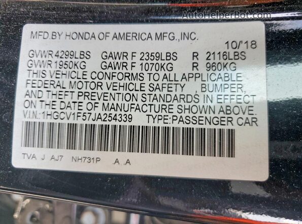 1HGCV1F57JA254339 2018 HONDA ACCORD Black 