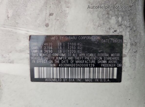 4S3BWAB65N3008129 2022 SUBARU LEGACY White Widok naklejki z numerem VIN