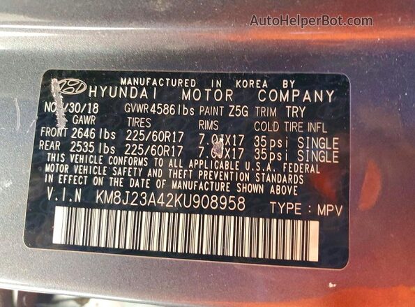 KM8J23A42KU908958 2019 HYUNDAI TUCSON Серый 