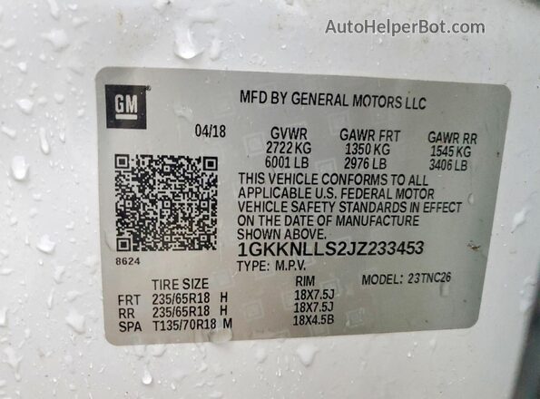 1GKKNLLS2JZ233453 2018 GMC ACADIA White 360 interior view