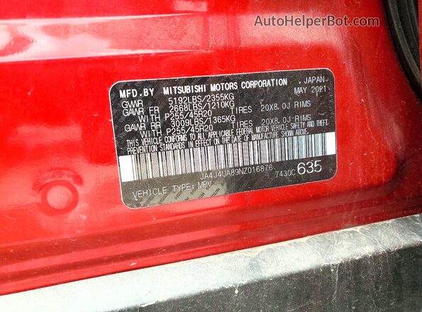 JA4J4UA89NZ016876 2022 MITSUBISHI OUTLANDER Red 