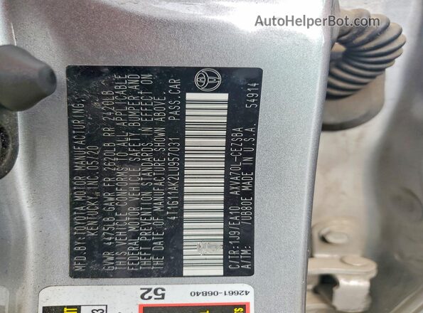 4T1G11AK2LU957031 2020 TOYOTA CAMRY Silver 
