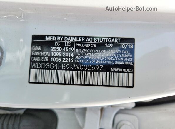 WDD3G4FB9KW002697 2019 MERCEDES-BENZ A Белый 