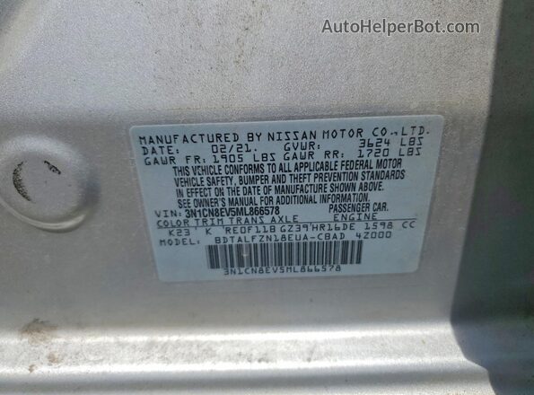 3N1CN8EV5ML866578 2021 NISSAN VERSA Silver Widok naklejki z numerem VIN
