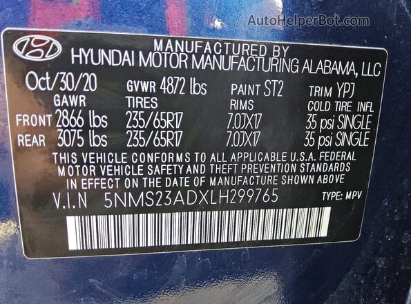 5NMS23ADXLH299765 2020 HYUNDAI SANTA Blue Панорамний вид салону 360°