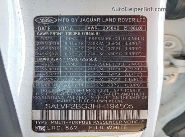 SALVP2BG3HH194505 2017 LAND ROVER RANGE White 