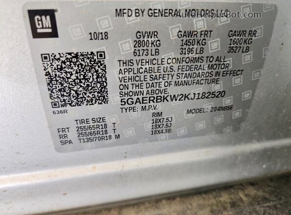 5GAERBKW2KJ182520 2019 BUICK ENCLAVE Silver 