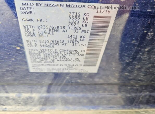 5N1DR2MM3HC639463 2017 NISSAN PATHFINDER Blue VIN կոդի պիտակի տեսք