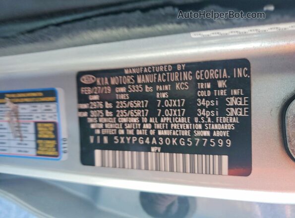5XYPG4A30KG577599 2019 KIA SORENTO Silver 