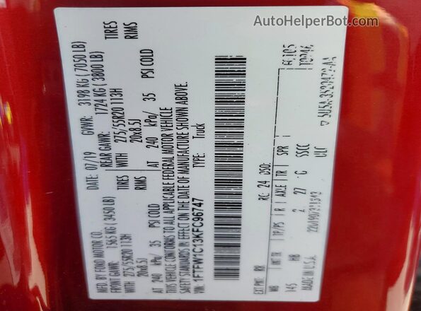 1FTFW1C13KFC96747 2019 FORD F150 Red 