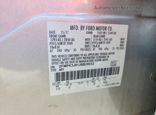 2FMPK3J81JBB28032 2018 FORD EDGE Silver 