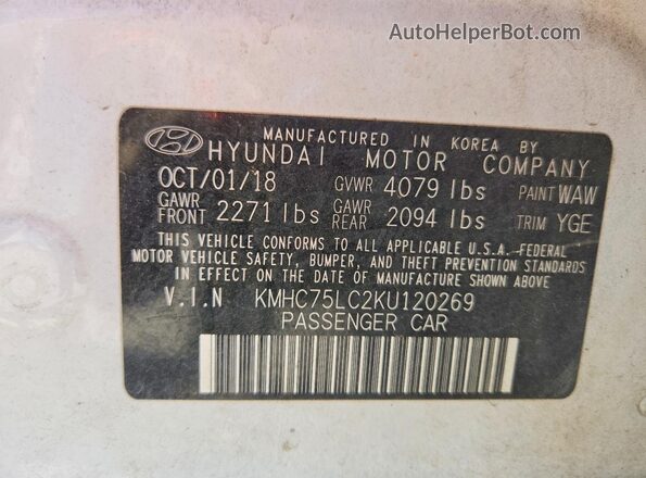 KMHC75LC2KU120269 2019 HYUNDAI IONIQ White 