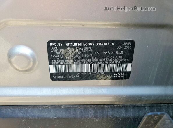 JA4AT4AA8KZ000699 2019 MITSUBISHI ECLIPSE Silver 360 interior view