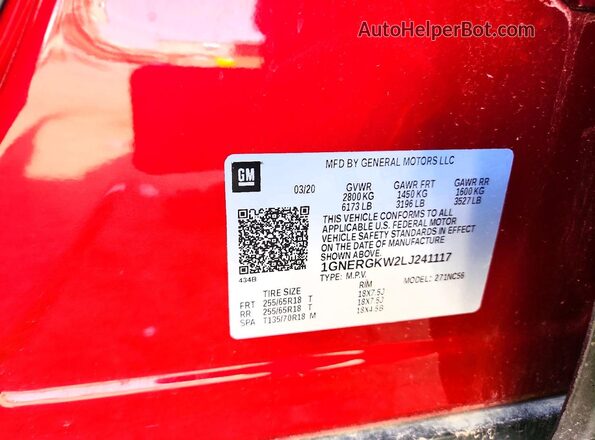 1GNERGKW2LJ241117 2020 CHEVROLET TRAVERSE Red 