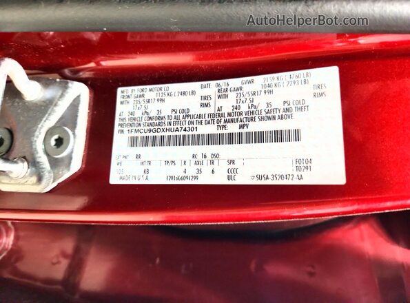 1FMCU9GDXHUA74301 2017 FORD ESCAPE Red 