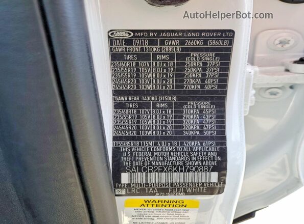 SALCR2FX6KH790887 2019 LAND ROVER DISCOVERY White Vista de la etiqueta del VIN