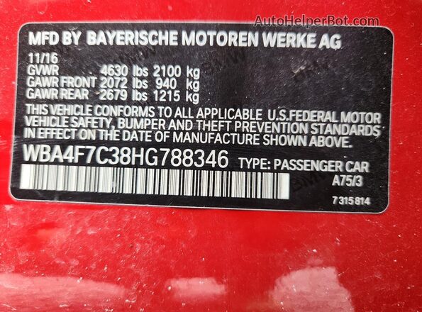 WBA4F7C38HG788346 2017 BMW OTHER Red Widok naklejki z numerem VIN