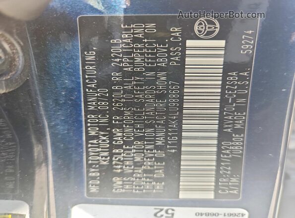 4T1G11AK4LU988667 2020 TOYOTA CAMRY Синий Вид наклейки с VIN-кодом