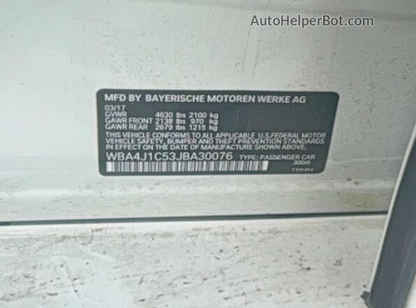 WBA4J1C53JBA30076 2018 BMW OTHER White Vista interior trasera