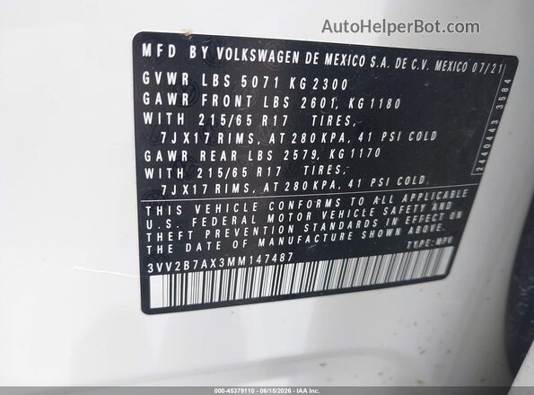 3VV2B7AX3MM147487 2021 VOLKSWAGEN TIGUAN White Вид підкапотного простору