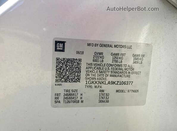1GKKNKLA9KZ106377 2019 GMC ACADIA Silver VIN sticker view