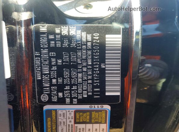 5XYPG4A31KG507240 2019 KIA SORENTO Black 