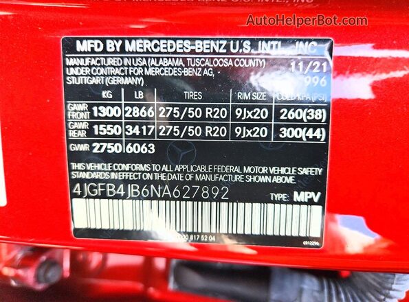 4JGFB4JB6NA627892 2022 MERCEDES-BENZ GLE Красный 