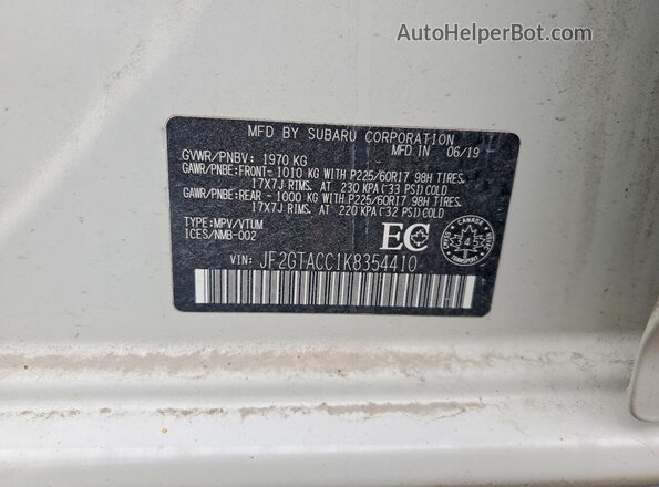 JF2GTACC1K8354410 2019 SUBARU CROSSTREK White 