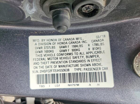2HGFC2F72JH550638 2018 HONDA CIVIC Gray Вид наклейки з VIN-кодом