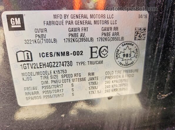 1GTV2LEH4GZ274730 2016 GMC SIERRA Black VIN կոդի պիտակի տեսք