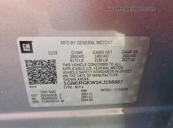1GNERGKW1KJ198887 2019 CHEVROLET TRAVERSE Gray 