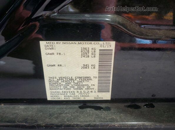 1N4BL4BV1KN315241 2019 NISSAN ALTIMA Black Widok naklejki z numerem VIN