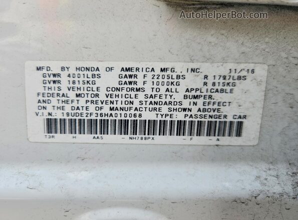 19UDE2F36HA010068 2017 ACURA ILX Белый Вид наклейки с VIN-кодом