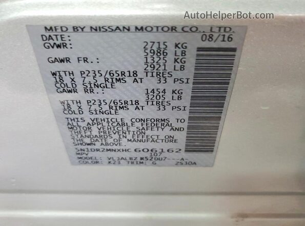 5N1DR2MNXHC606162 2017 NISSAN PATHFINDER Silver Панорамний вид салону 360°