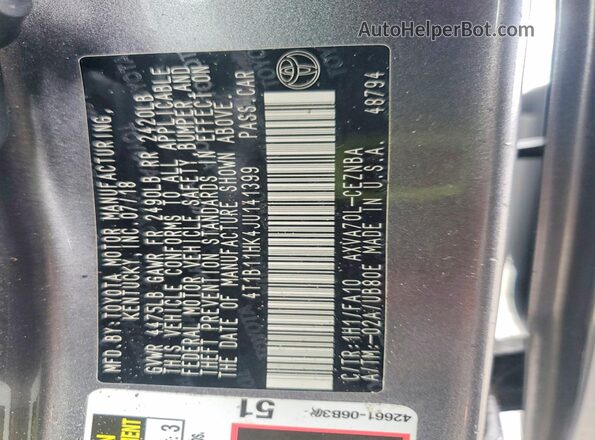 4T1B11HK4JU141399 2018 TOYOTA CAMRY Gray 