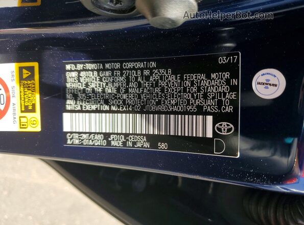 JTDBVRBD3HA001955 2017 TOYOTA MIRAI Blue VIN sticker view