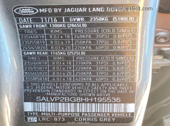 SALVP2BG8HH195536 2017 LAND ROVER RANGE ROVER Серый Вид наклейки с VIN-кодом