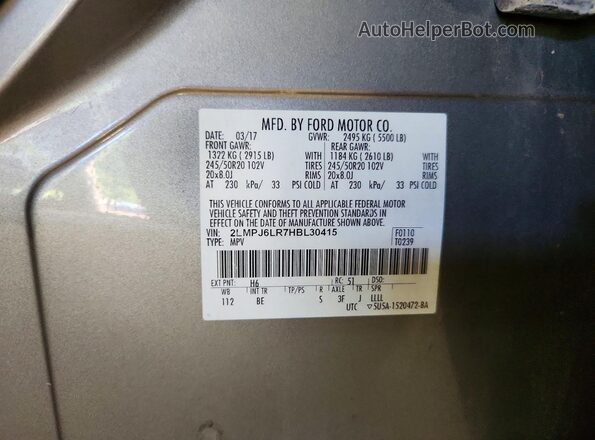 2LMPJ6LR7HBL30415 2017 LINCOLN MKX Silver Vista de la etiqueta del VIN