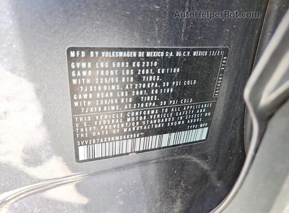 3VV2B7AX9NM046956 2022 VOLKSWAGEN TIGUAN Gray 