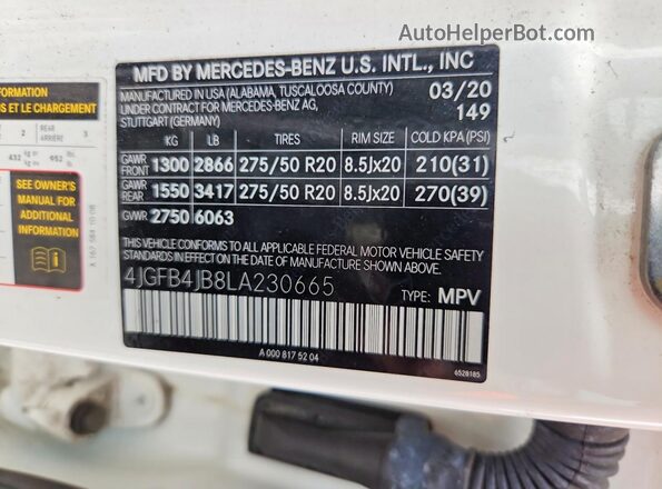 4JGFB4JB8LA230665 2020 MERCEDES-BENZ GLE White Widok wnętrza 360 stopni