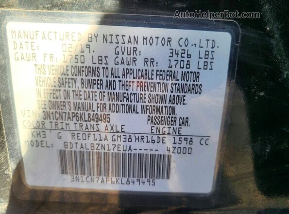 3N1CN7AP6KL849495 2019 NISSAN VERSA Black 